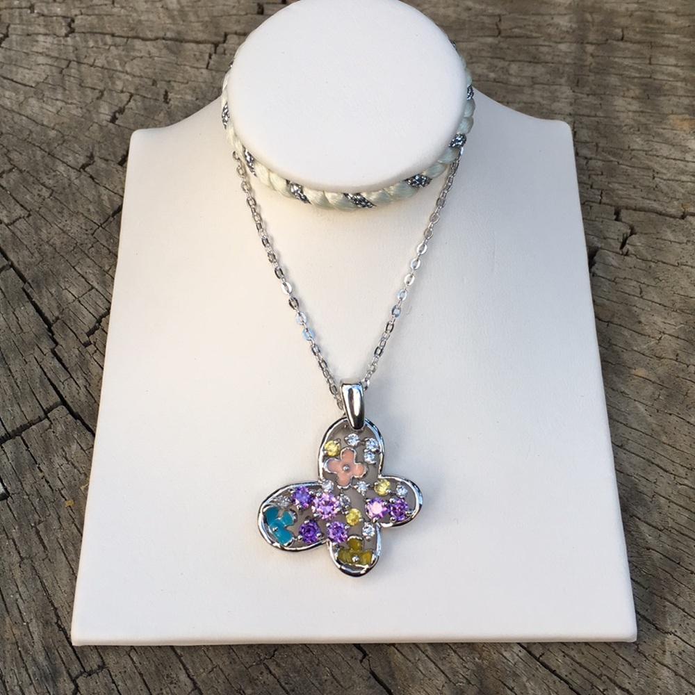 Sterling Silver Multicolor Butterfly CZ Necklace
